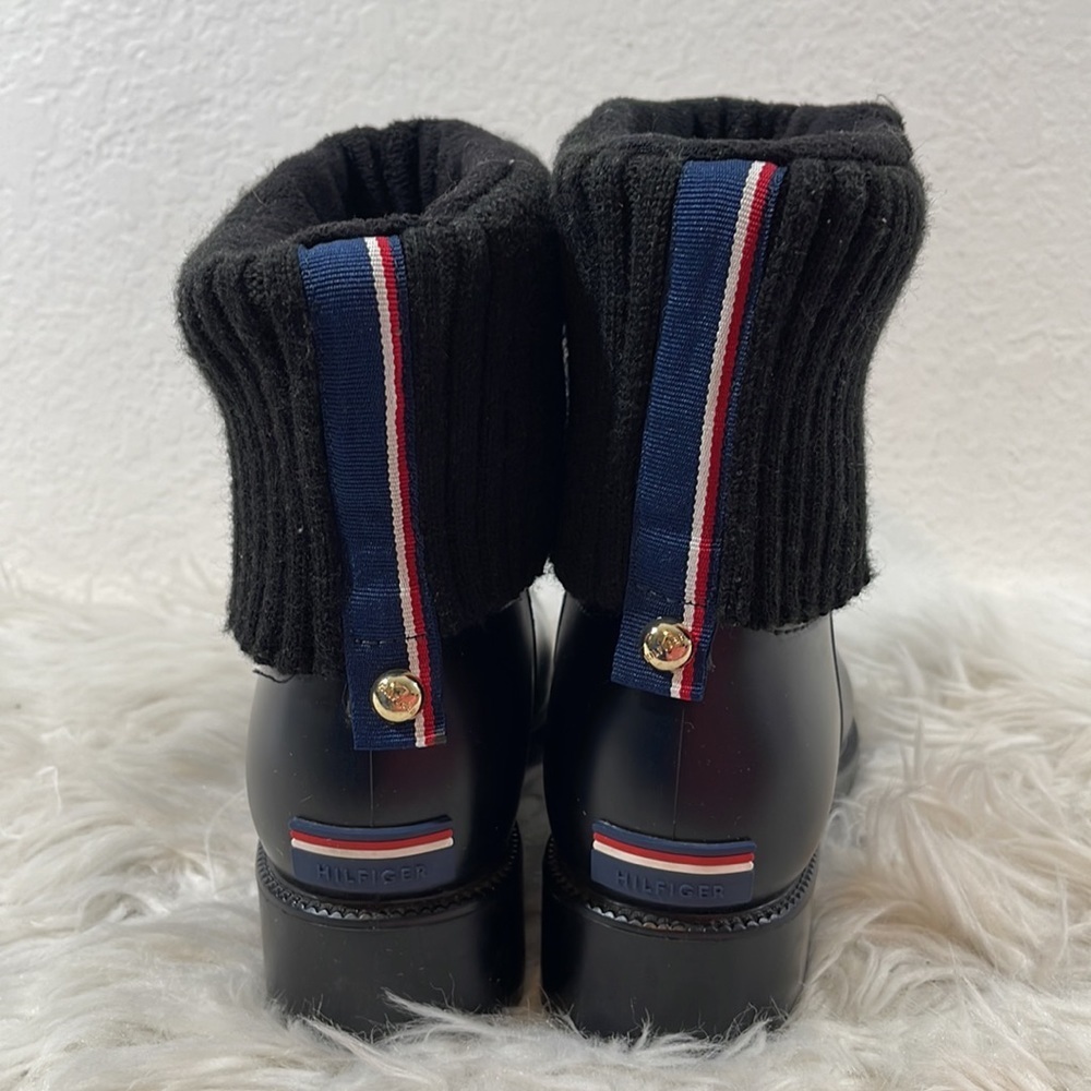TOMMY HILFIGER TWSILVINA Rubber & Knit Cuff Lined Winter Black Rain Boots Size 9 - Picture 4 of 13